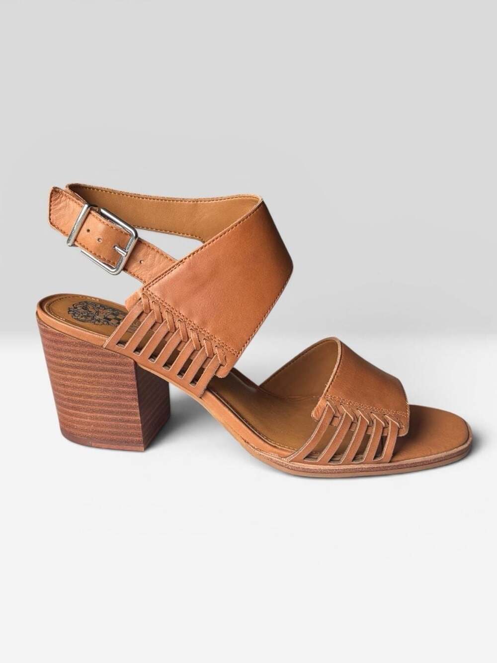 New Vince Camuto Karmelo Tan/Brown/Cognac Leather Block Heel Sandals Size 9.5M